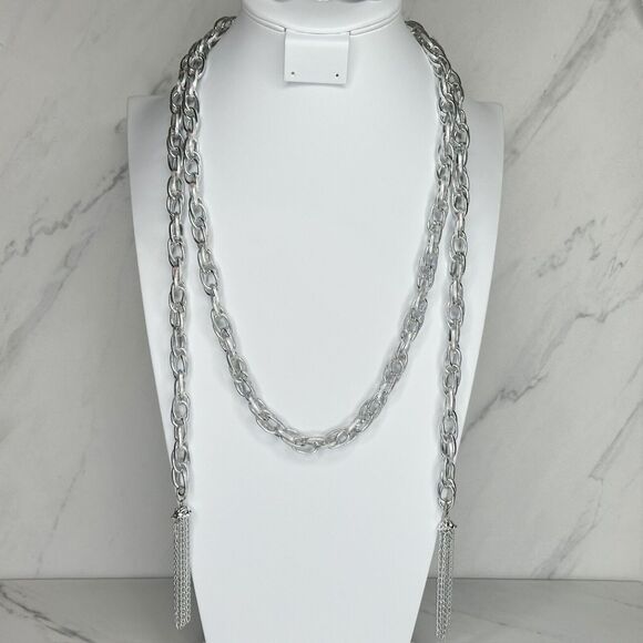 Silver Tone Tassel Chain Link Open Wrap Necklace - Picture 8 of 12